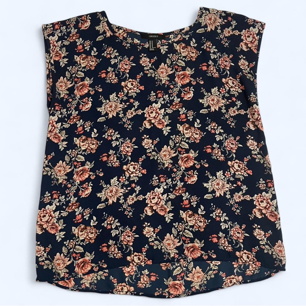 Forever 21 Navy Blue Floral Short Sleeve Blouse